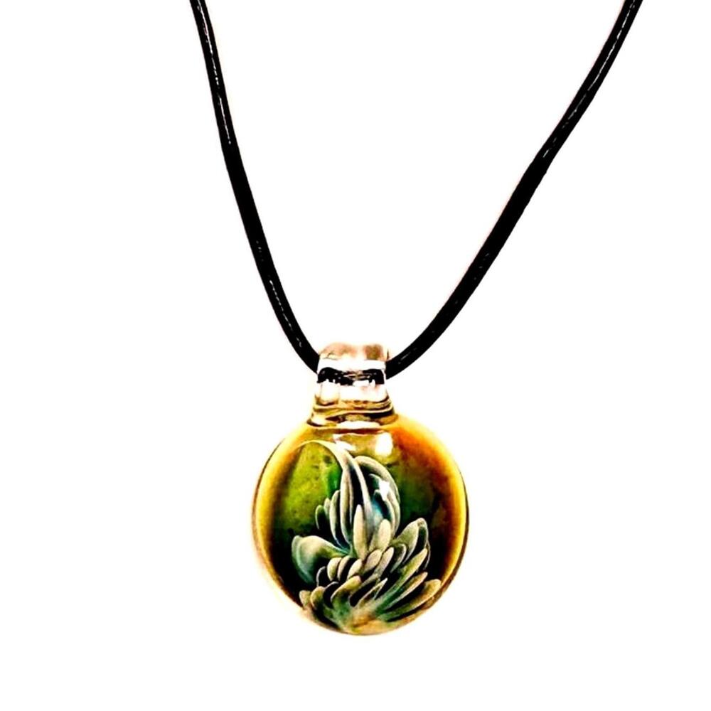 Ocean Leaf Design Pendant Encased in Glass Black Cord Necklace